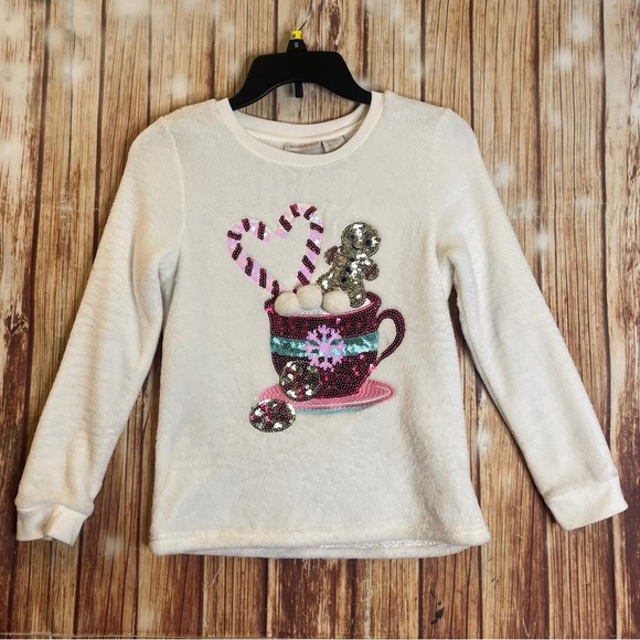 Cynthia Rowley Girl’s Holiday Fuzzy Sequin Hot Cocoa Sweater Size Large - Picture 2 of 10